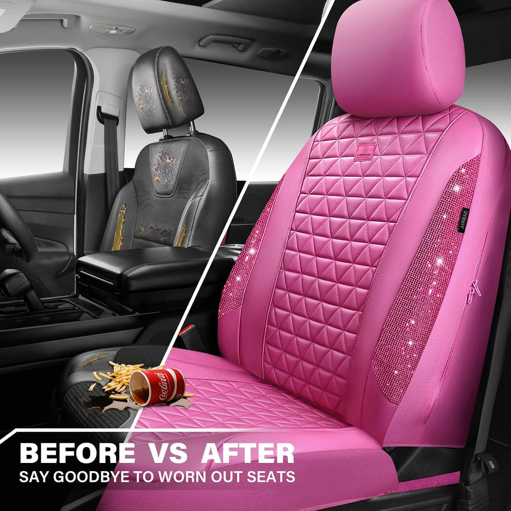 CAR PASS Hot Pink Bling Diamond Leather Car Seat Covers Full Sets, Waterproof...