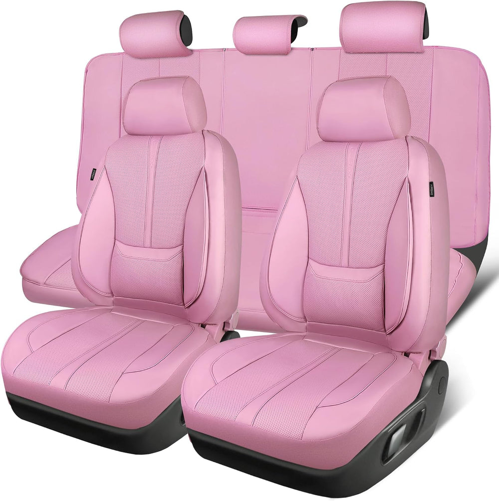 CAR PASS Pink Leather Seat Covers Full Set, Water Resistant 3D Foam Faux Leat...