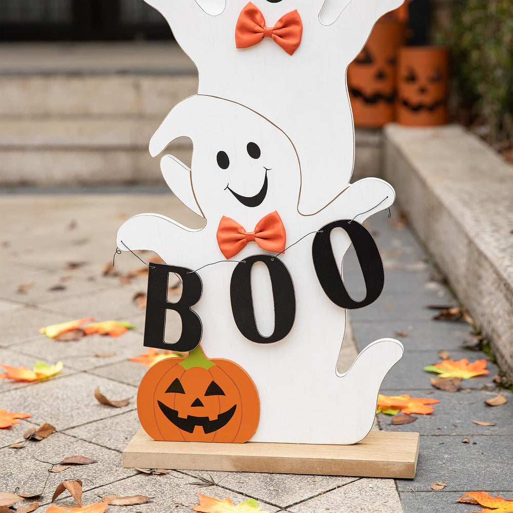 Glitzhome 37.5'H Halloween Wooden Stacked Ghost Porch Sign, Farmhouse Gho...