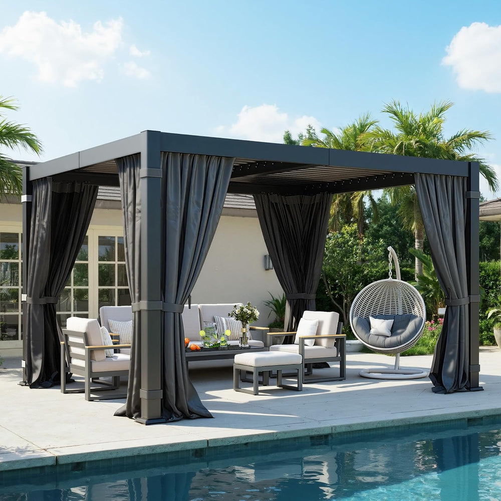10' x 12' Pergola with Curtain & Adjustable Roof & Aluminum F...