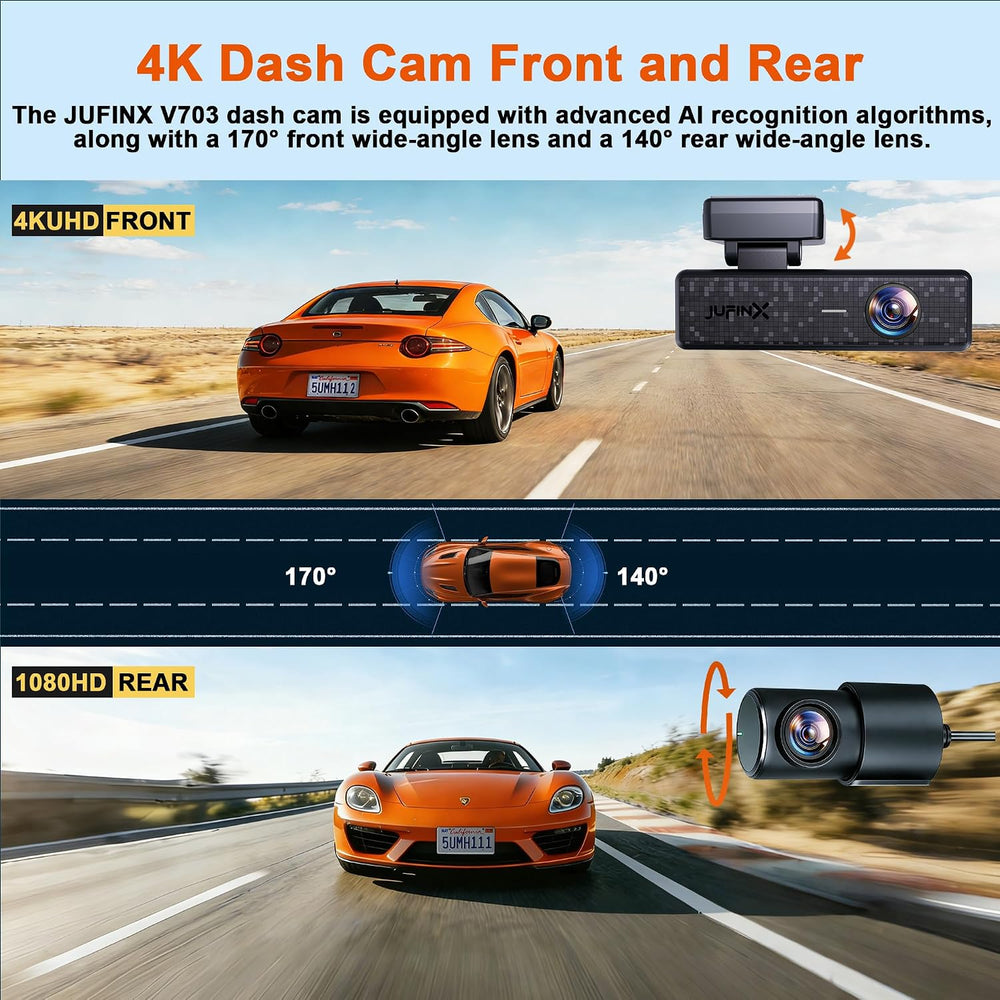 4K Dash Cam Front and Rear,with “Apple Find My” Function, 5.8GHz WiFi