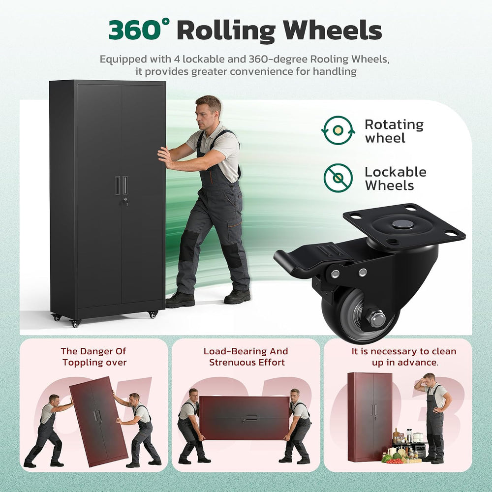 Greenvelly 73" Rolling Storage Cabinet,Black Metal Garage Cabinet with L...