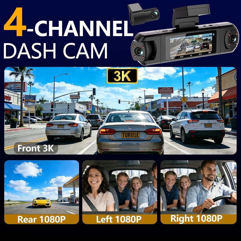 4 Channel Dash Cam, 360° View 3K Front +1080P x3 Left & Right, Dash Camer...