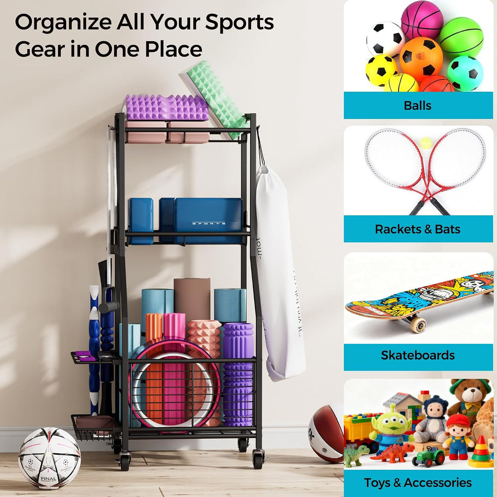 Sports Equipment Storage Rack with Wheels, 3-Tier Ball Organizer