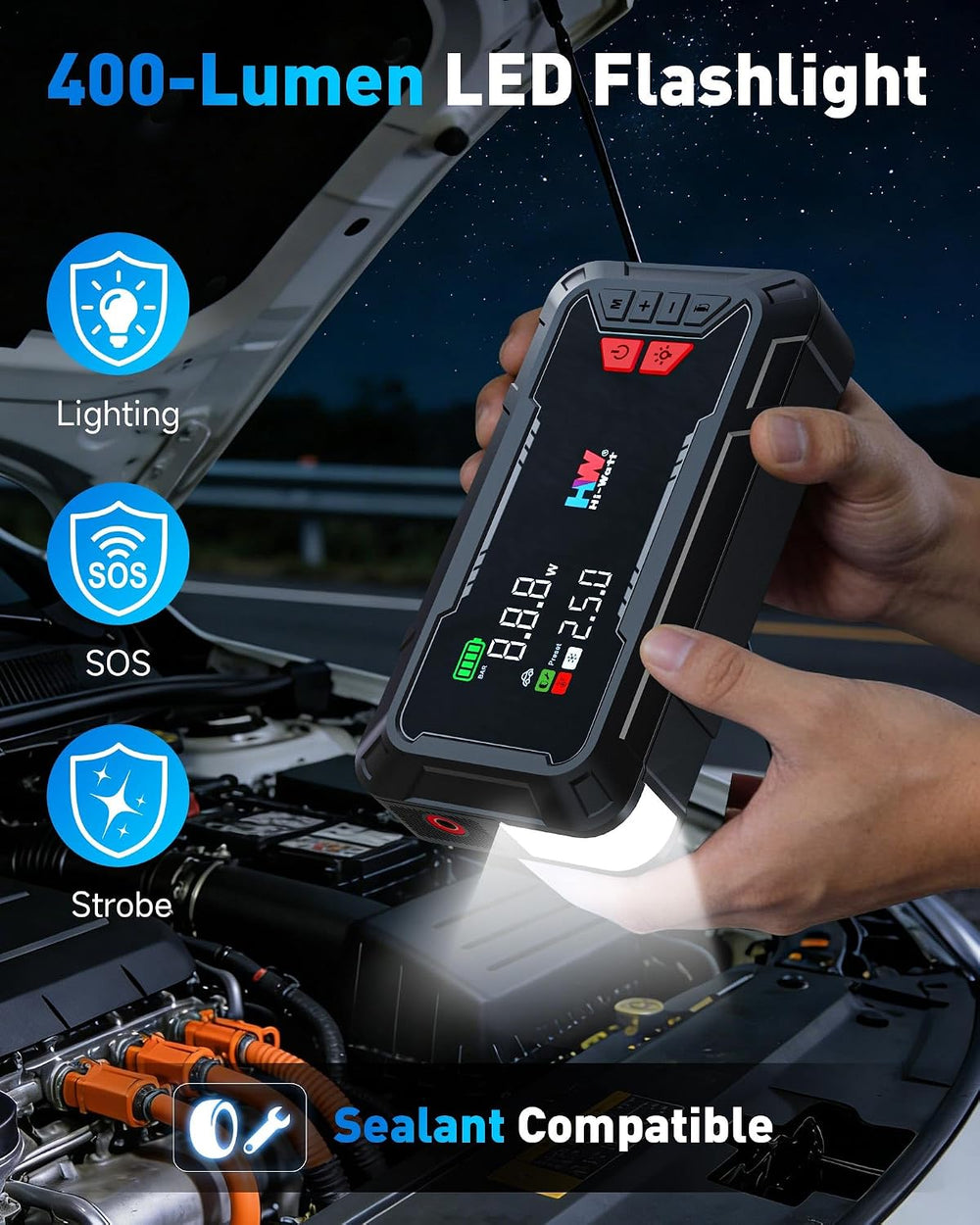 HW 2000A Jump Starter with Air Compressor, 160 PSI Tire Inflator 12V 65W PD