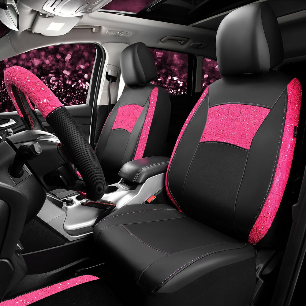 CAR PASS Universal Leather Pink Lace Car Seat Covers Full Set for Women Girls...