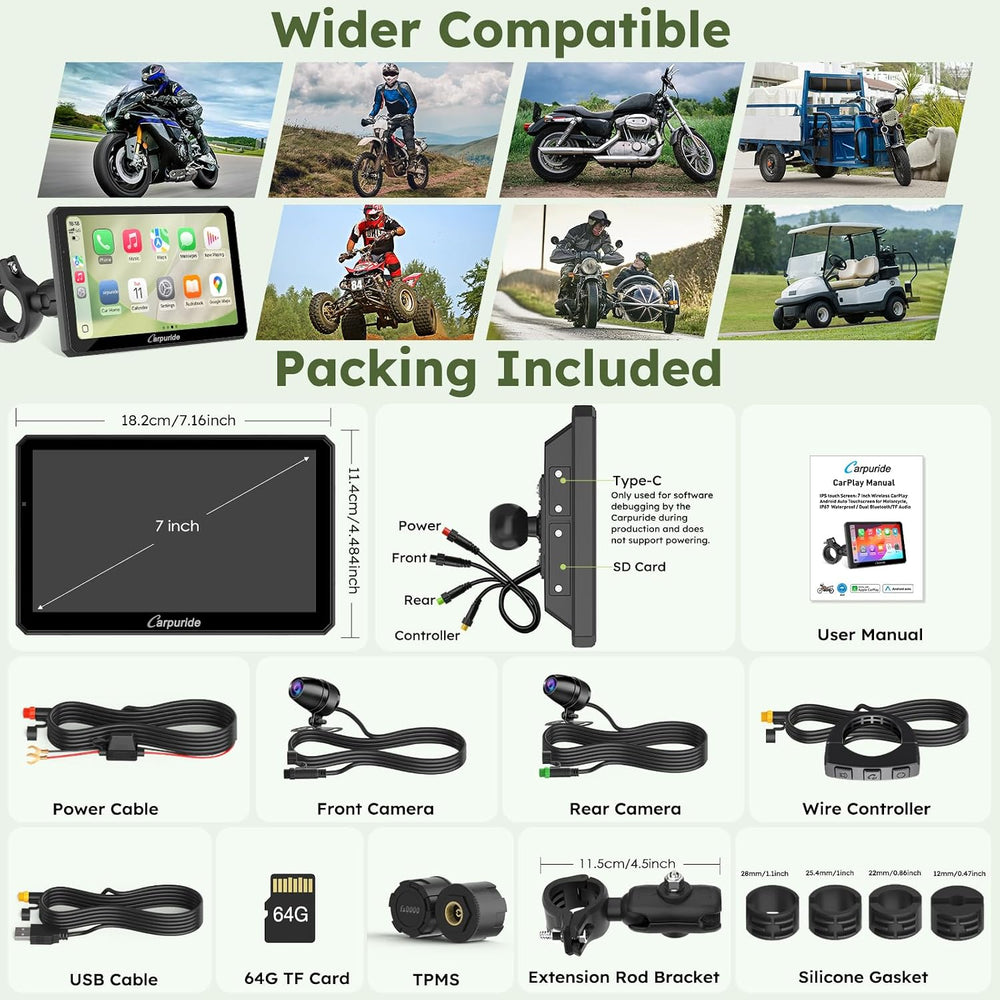 Carpuride W712DT 7" for Motorcycle CarPlay & A-Auto & TPMS &...