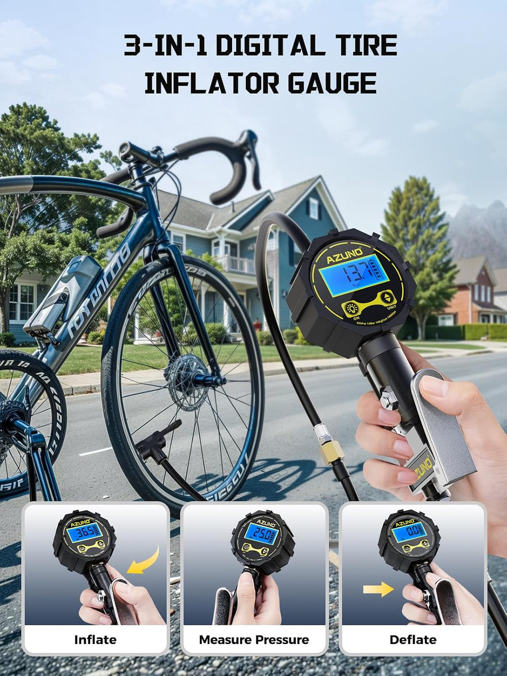 Presta Valve Adapter with Pressure Gauge, 200 PSI Bike Tire Inflator