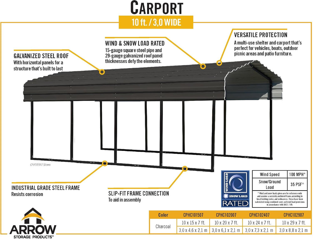 Arrow CPHC102407 Heavy Duty Galvanized Steel Metal Multi-Use Shelter, Shade, ...