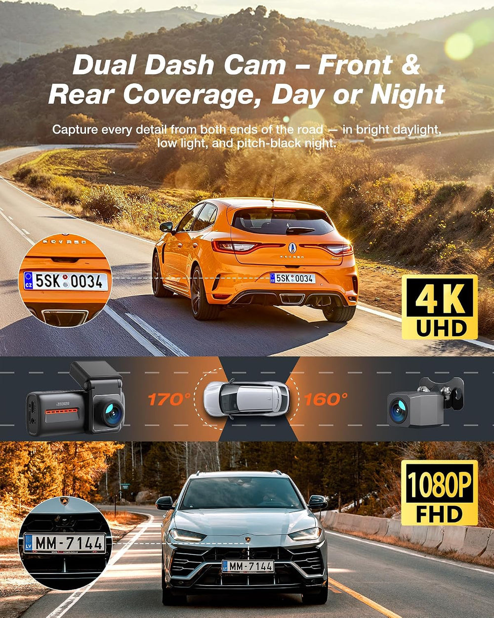 iZEEKER 4K Dash Cam Front and Rear, 4K+1080P Wireless Dash Camera for Cars
