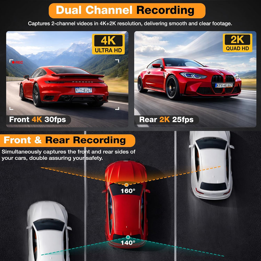 4K+2K Dash Cam Front and Rear, 128GB Card & Hardwire Kit Included, Built-...