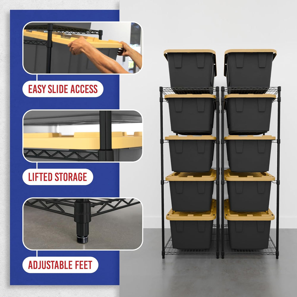 SafeRacks 2-Pack 27 Gallon Tote Storage Rack, 5-Tier Steel Bin Rack, Black