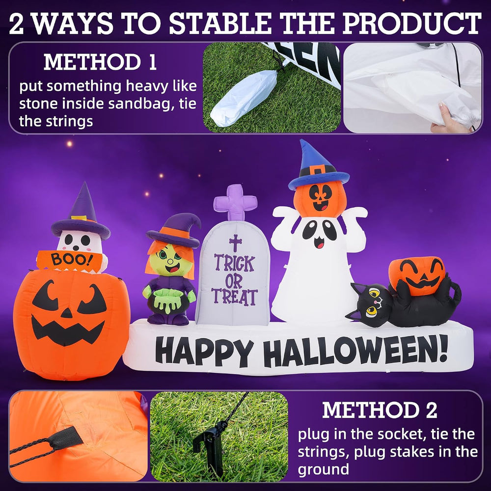 9 FT Long Halloween Animated Ghost Pumpkin Witch Tombstone Cat Inflatables
