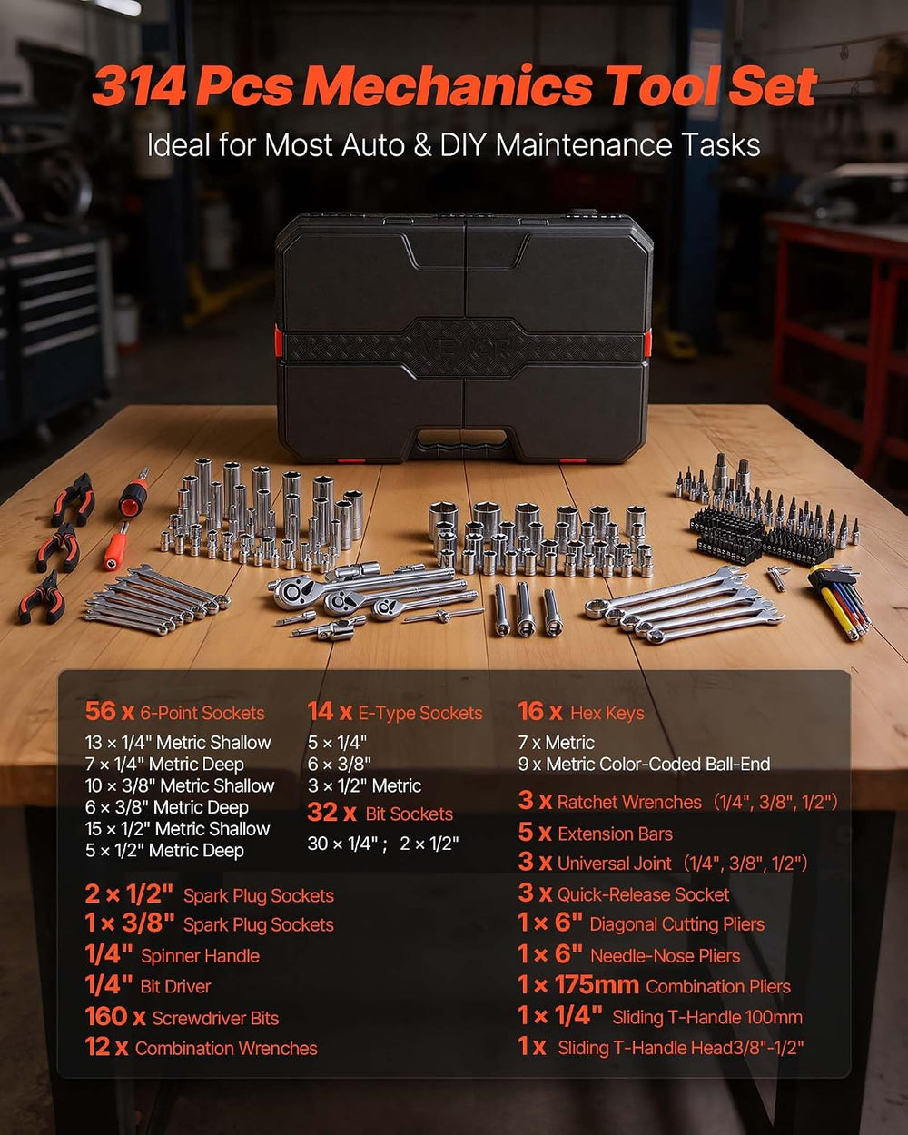 VEVOR Mechanics Tool Set, 314-Piece Mechanic Tool Kit, 1/4 in, 3/8 in, and 1/...