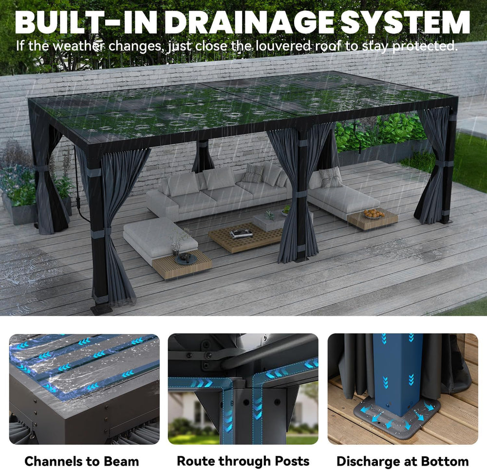 10x20 Louvered Pergola Adjustable Roof w/Curtains & Mesh
