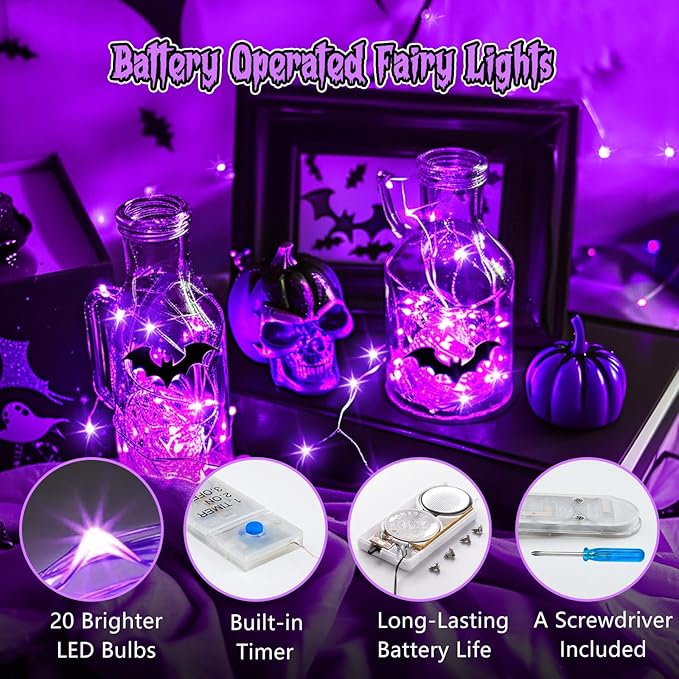 Minetom 6 Pack Purple Fairy Lights Battery Operated with Timer - 7ft 20 LED W...