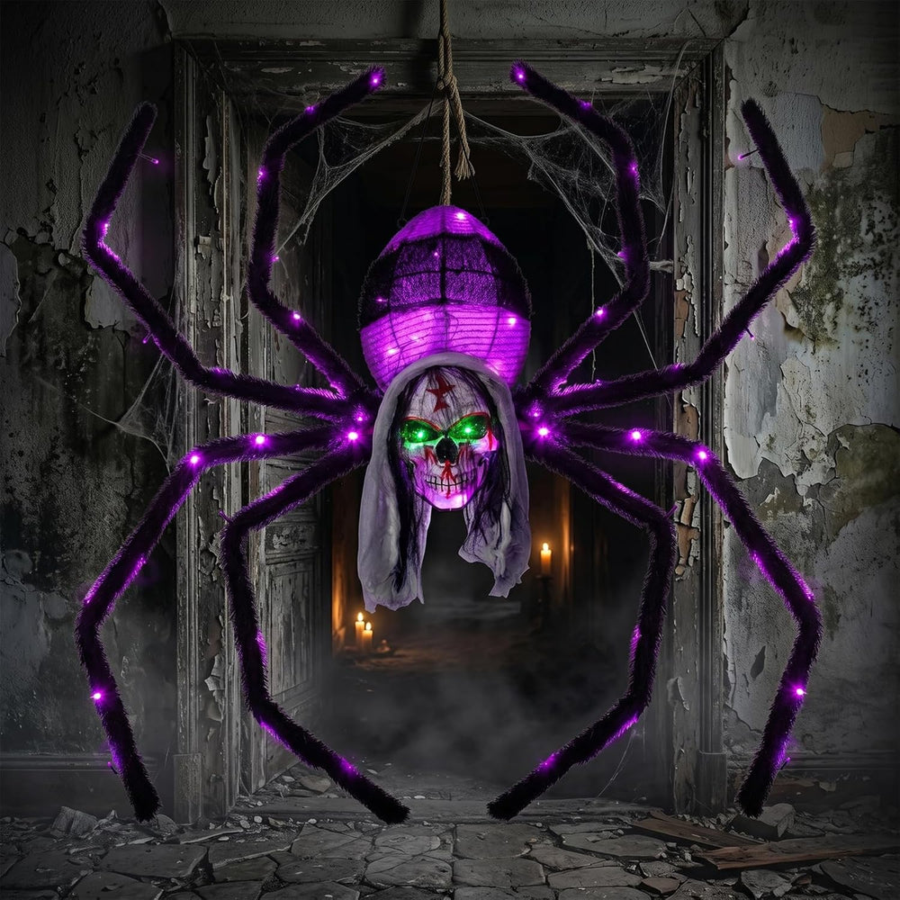 52" Halloween Giant Skull Face Spider, Lighted Outdoor Decoration with F...