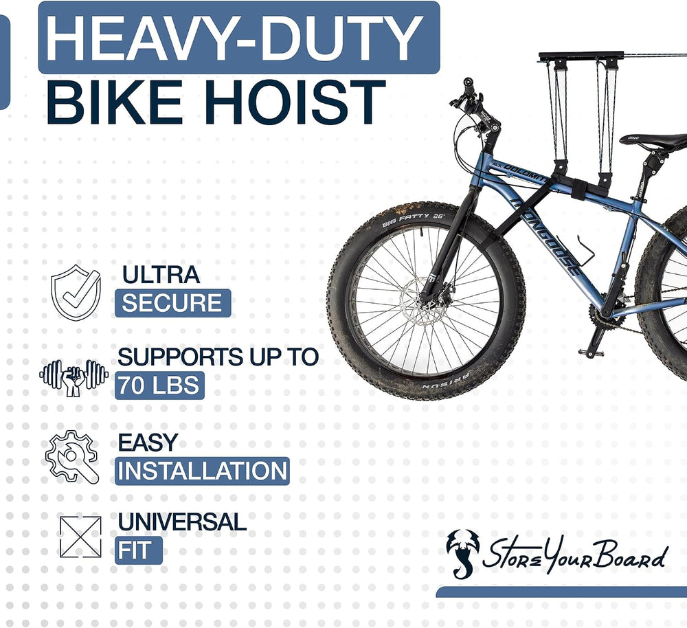 StoreYourBoard Bike Hoist for Garage Ceiling, Pulley Lift System, No Slip