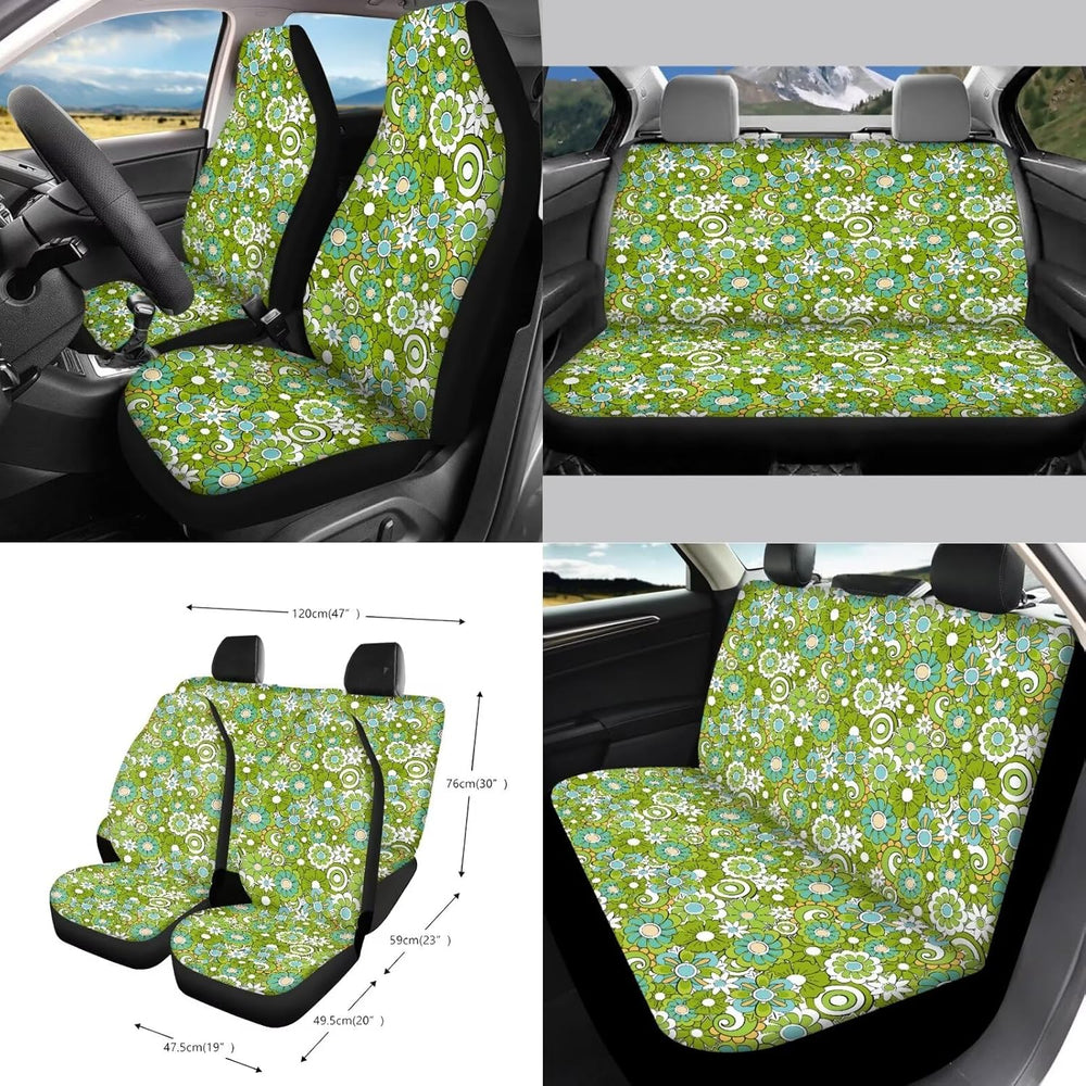Hippie Flowers Green Print 15Pcs Car Seat Cover Full Set Car Steering Wheel C...
