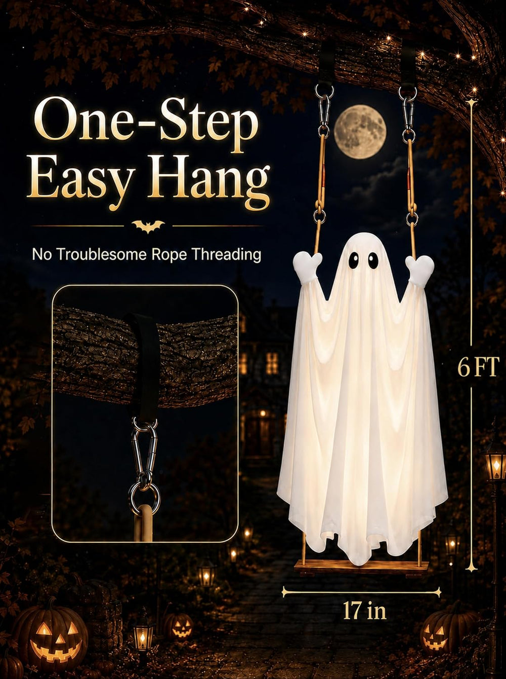 HOPOCO Halloween Swinging Ghost Outdoor Decor, Hanging Ghost with Light