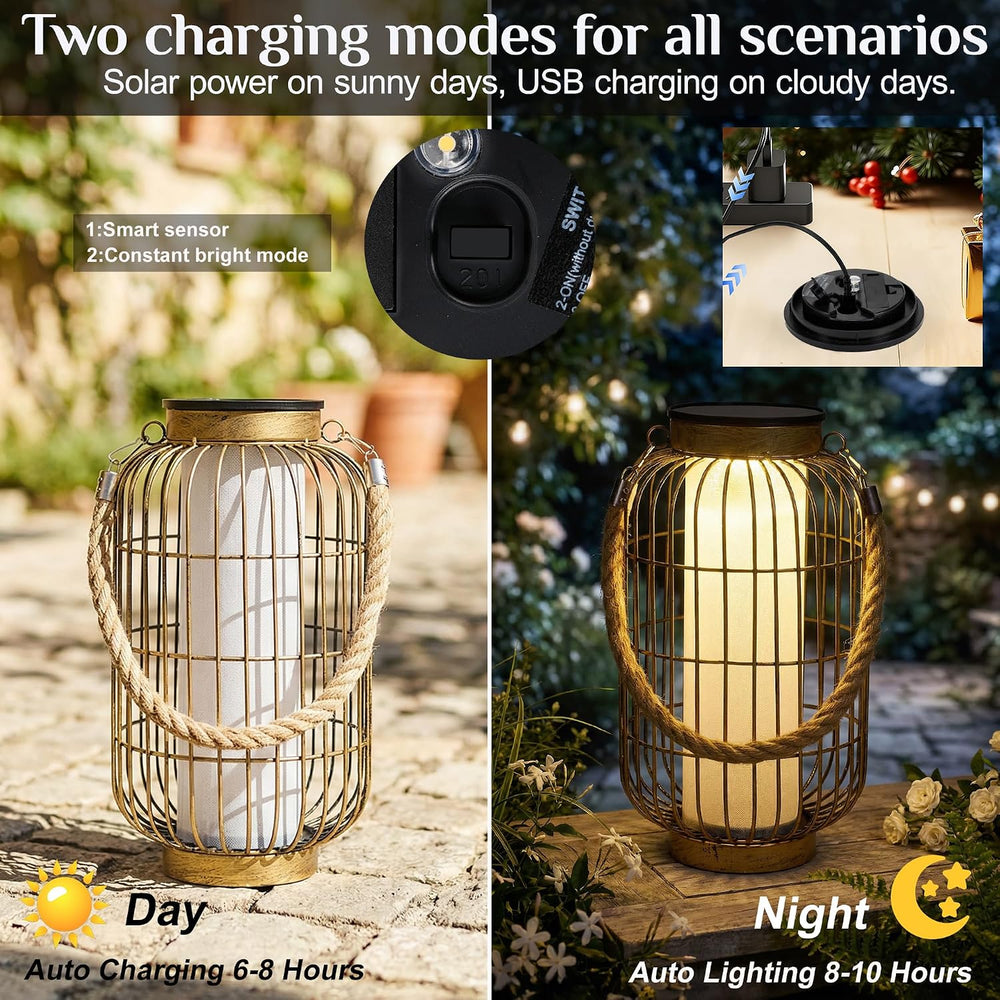Large Solar Lanterns Outdoor Waterproof for Patio, Dual Charging USB/Solar