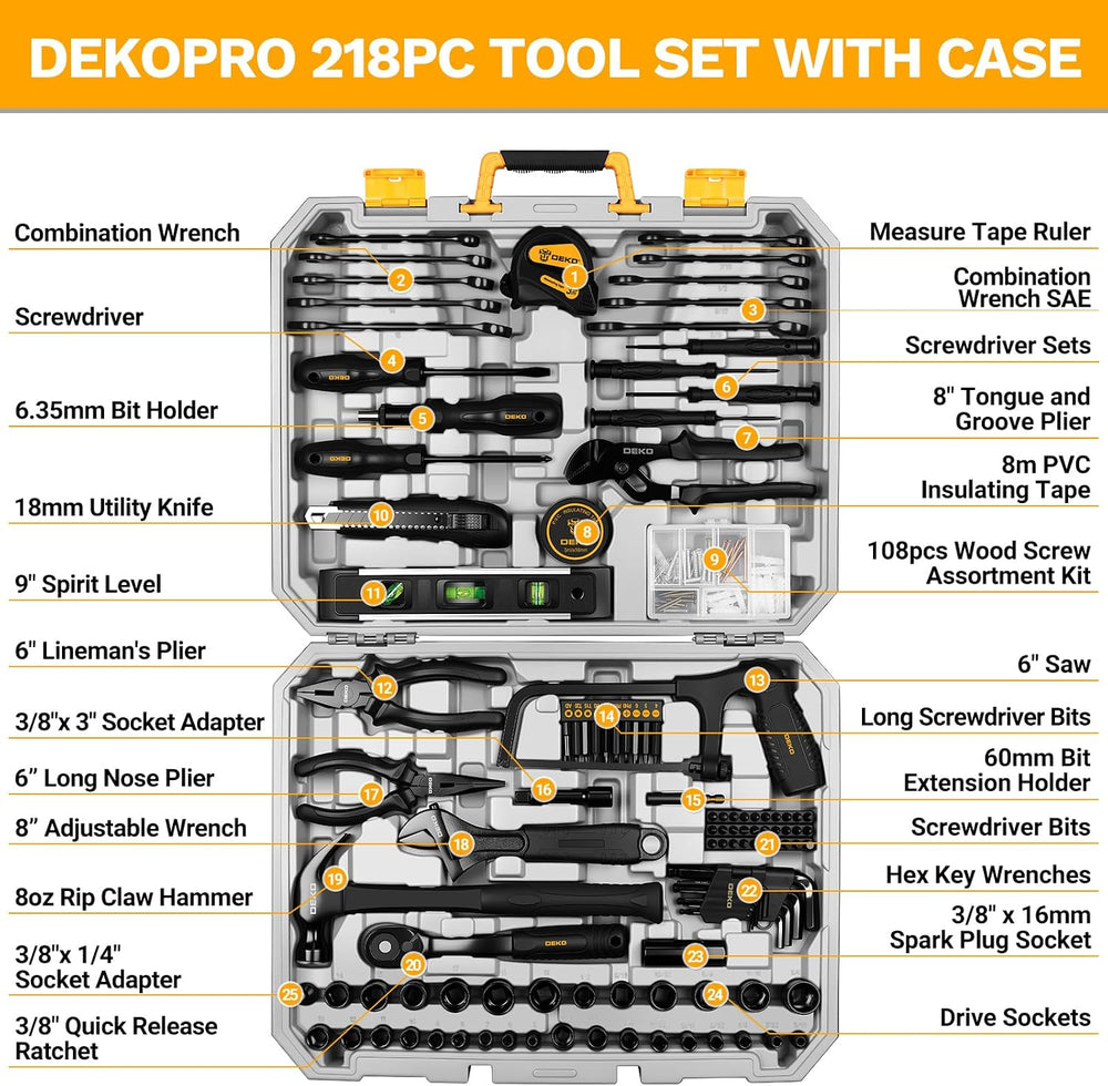 DEKOPRO 218-Piece General Household Hand Tool kit, Professional Auto Repair T...