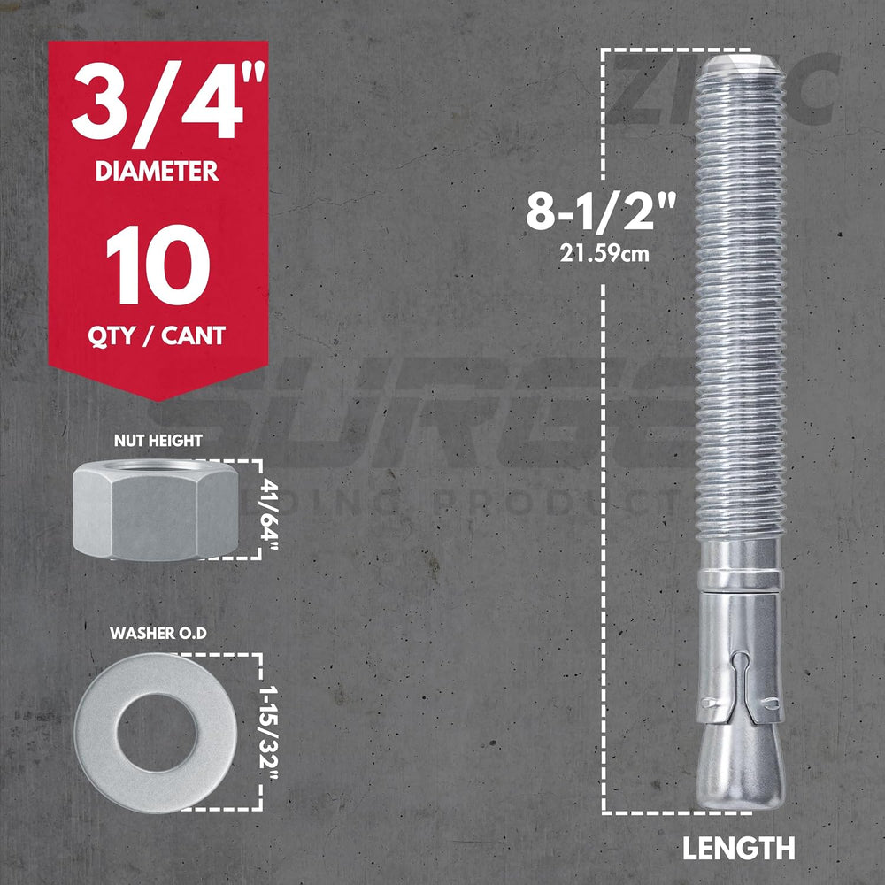 3/4" x 8-1/2" Zinc-Plated Wedge Anchors for Concrete & Cement (...