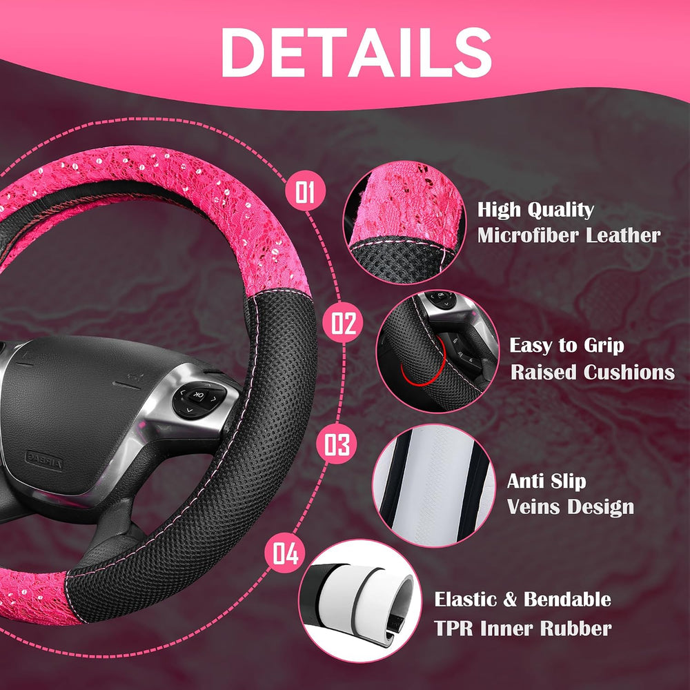 CAR PASS Universal Leather Pink Lace Car Seat Covers Full Set for Women Girls...