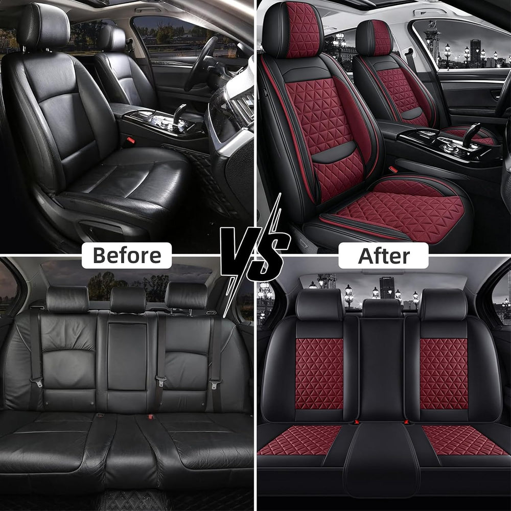 Wine Red Leather Car Seat Covers Full Set Women Luxury Non-Slip Seat Covers