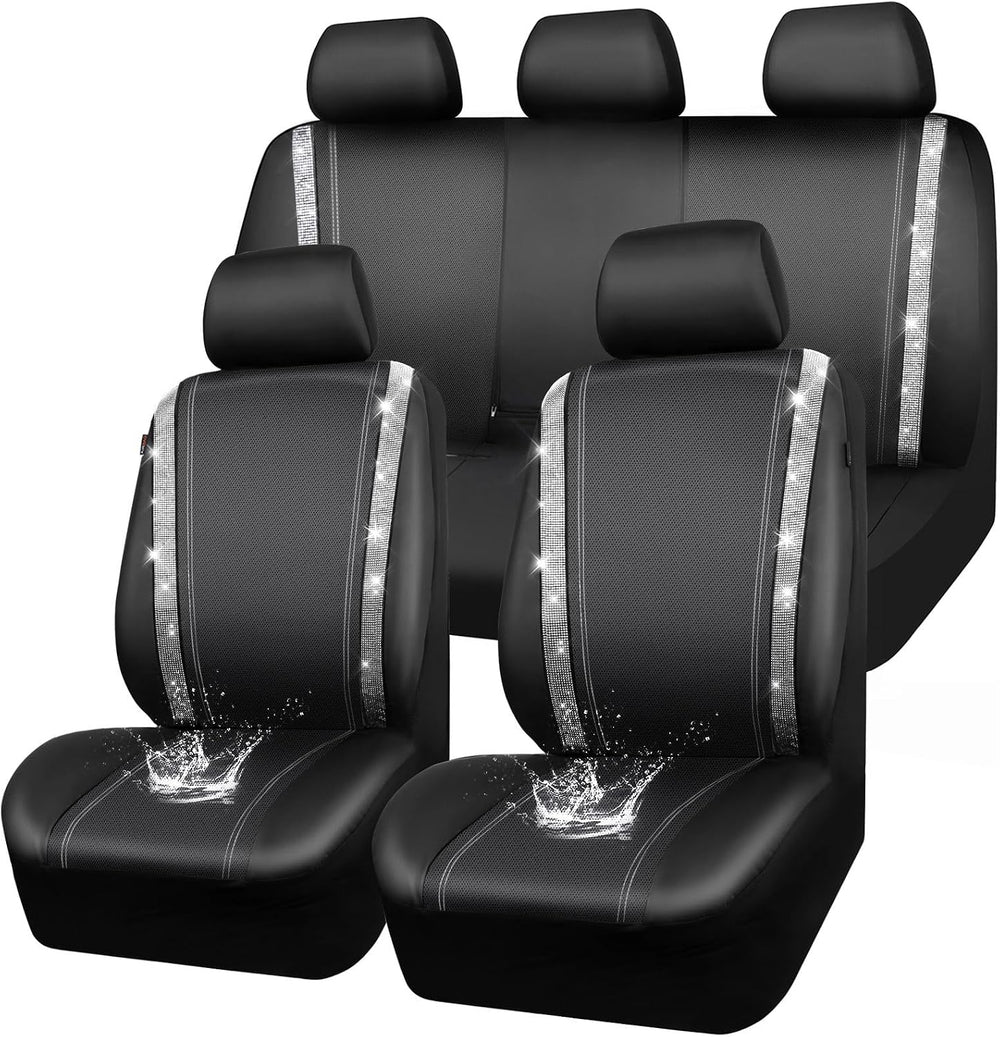 CAR PASS Bling Diamond Car Seat Covers Full Set, Shining Rhinestone Waterproo...