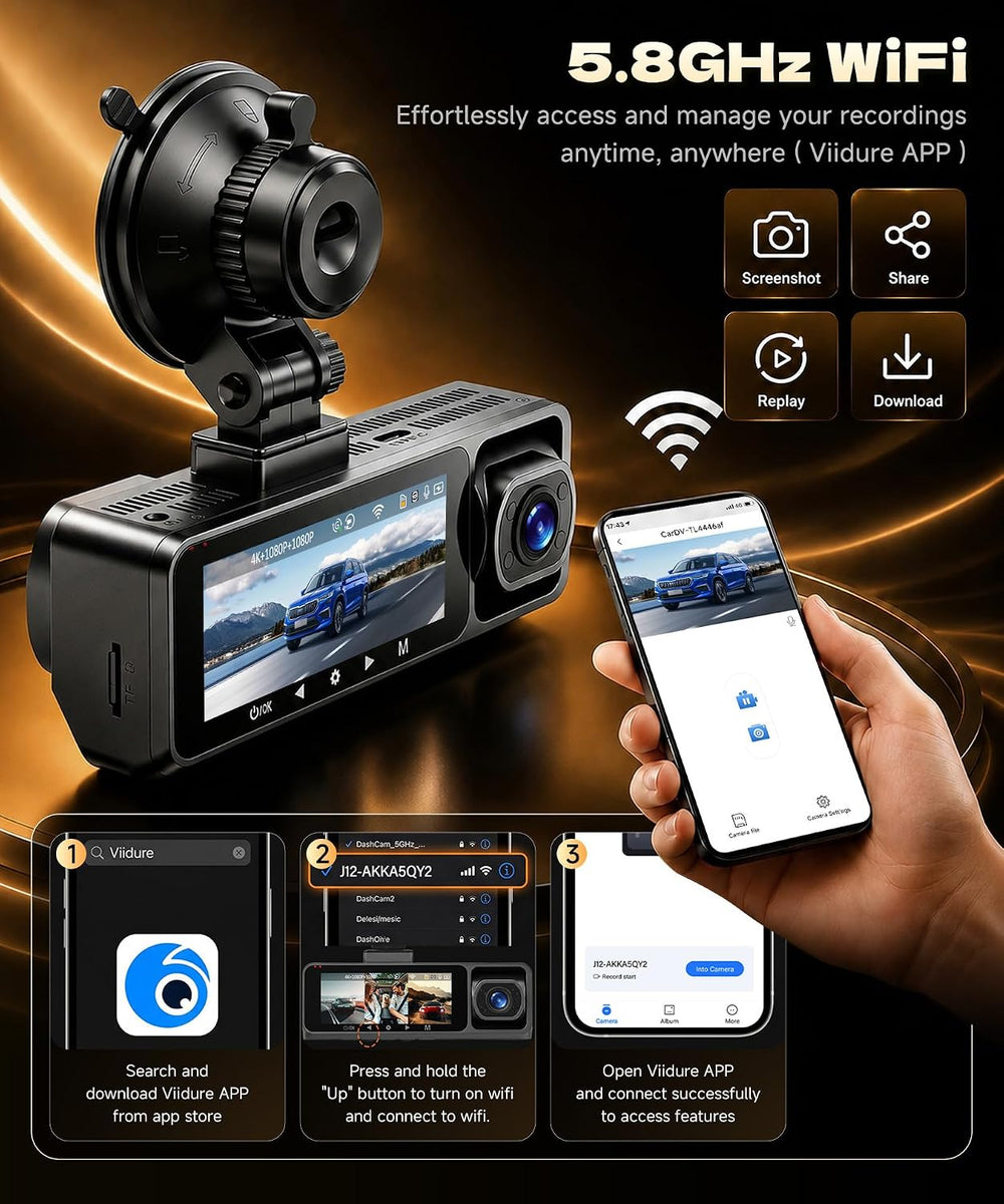 4K Dash Cam Front Rear and Inside, 3 Channel with 5.8GHz WiFi, 64GB Card