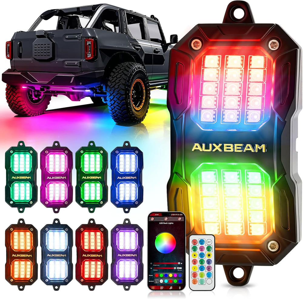 Auxbeam 8-Pod RGB LED Rock Lights w/Brake Mode 217°Dual-Side Lighting Undergl...