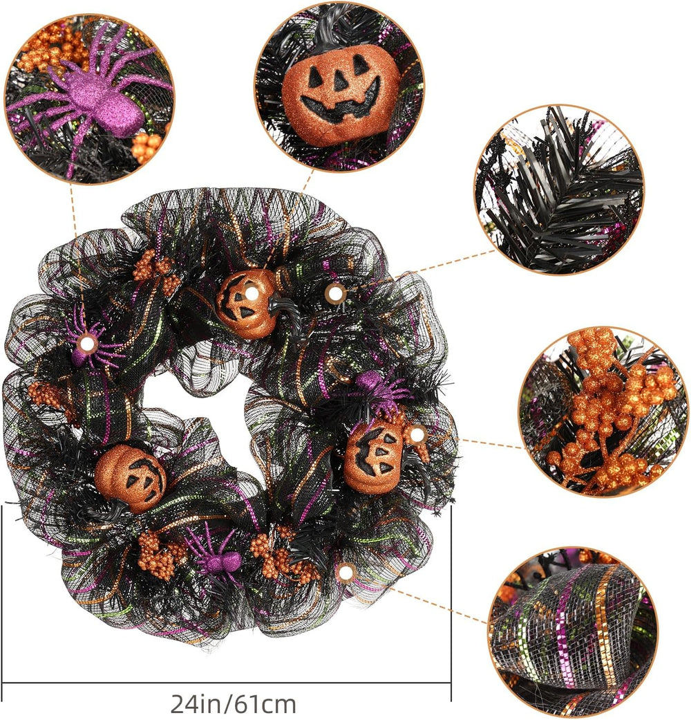 24 inch Wreath, Halloween Wreath for Front Door, Halloween Spider Decor Pumpk...