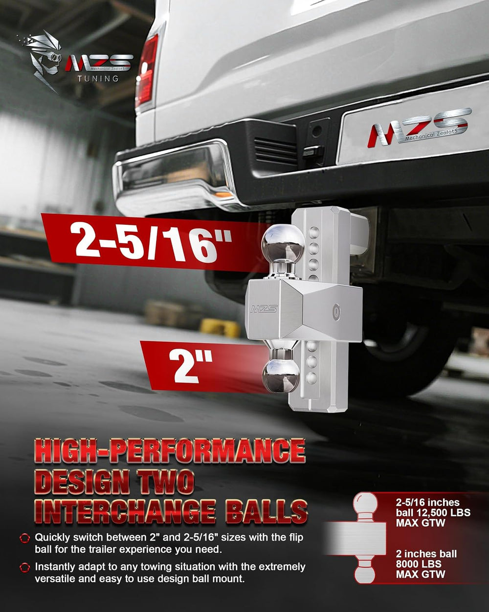 MZS Adjustable Trailer Hitch - Fits 2 Inch Receiver Hitch - 8-Inch Adjustable...