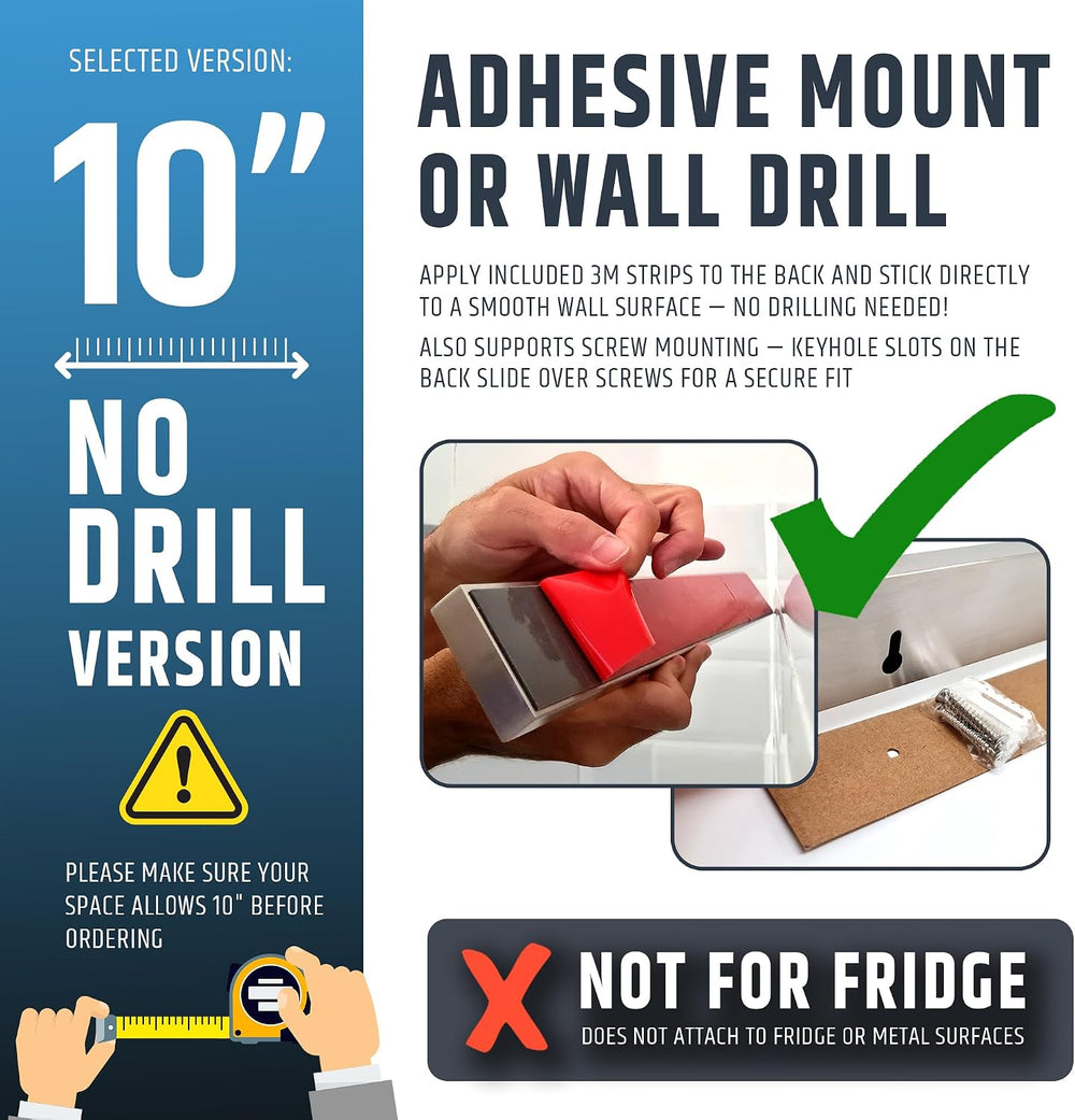 10" Strong Adhesive (No Drill) Magnetic Knife Holder for Wall - Professi...