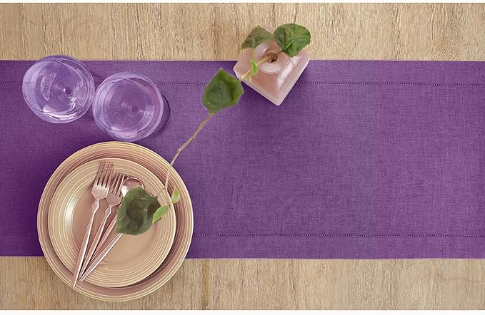 Solino Home Linen Purple Table Runner 72 Inches Long - 100% Pure Linen Hemsti...