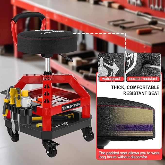 Rolling Shop Stool with Wheels, Heavy Duty Garage Work Mechanic Stool with