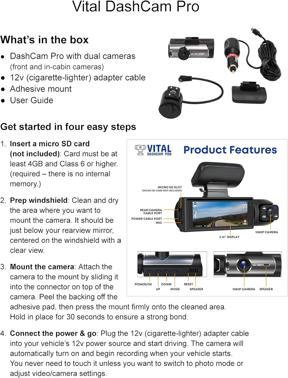 Vital Dash Camera Pro 2026 Dashcam Front and Rear Camera for Cars FHD