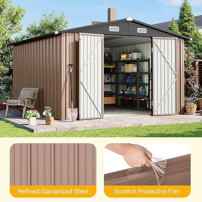 10x12 FT Outdoor Storage Shed Heavy-Duty Galvanized Steel Metal Garden Shed