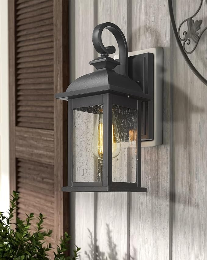 FEMILA Outdoor Wall Sconce, 14.9" Matte Black Seeded Glass Outdoor Sconc...