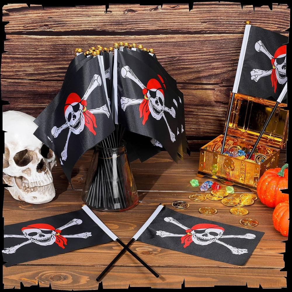 300 Pcs Pirate Mini Flag on Stick Plastic Flag, 5.5 x 8.3 Inch Hand Held Mini...