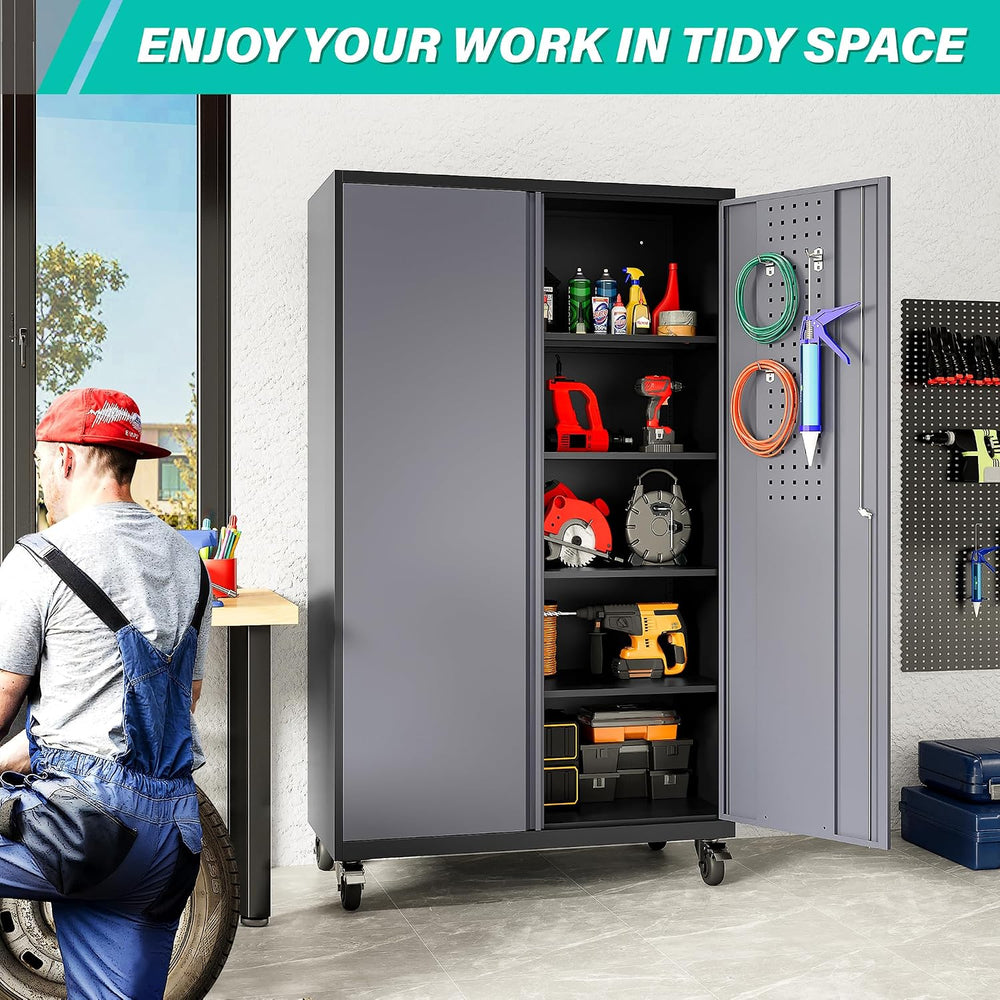 Wide & Deep Metal Storage Cabinet with Wheels,Tall Rolling Garage Storage...