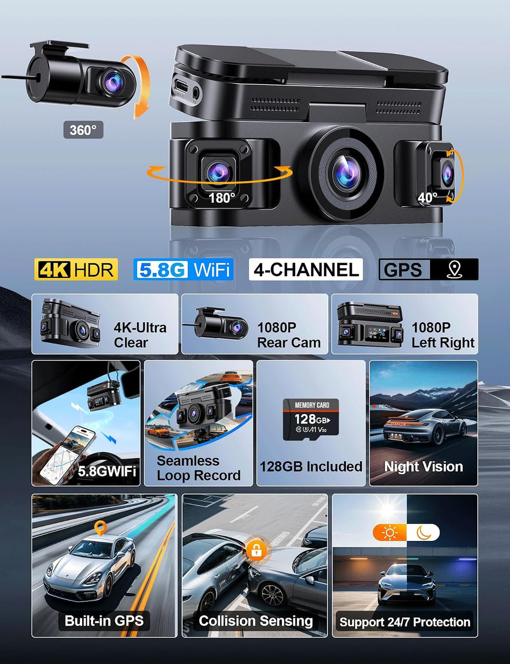 360° View 4K 4 Channel Dash Cam Front and Rear Inside Left Right, Built-in GP...