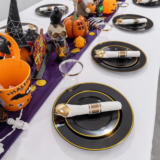 SUT 175 Pcs Black and Gold Plastic Dinnerware Set for 25 Guests, Include: 25 ...