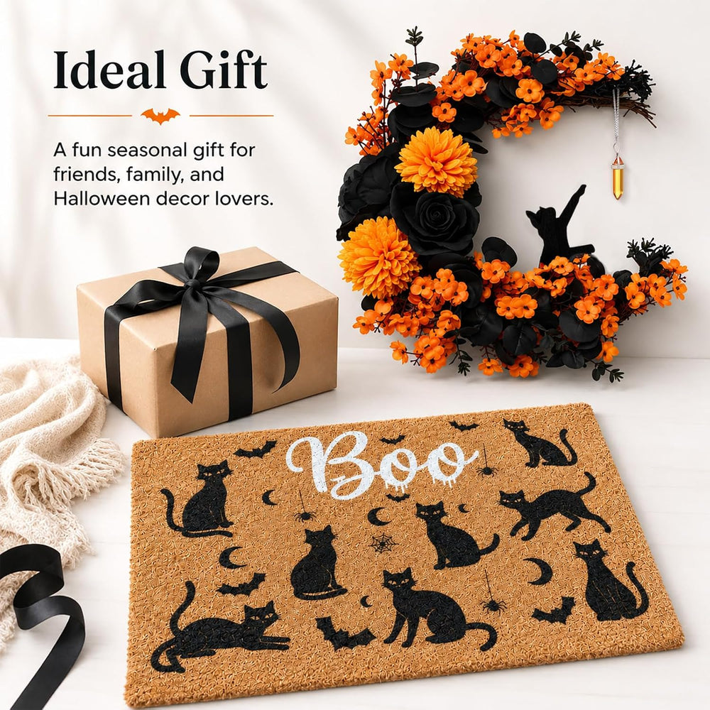 Thiccywoov 2 Pcs Halloween Black Cat Doormat and Wreath Sets for Front Door