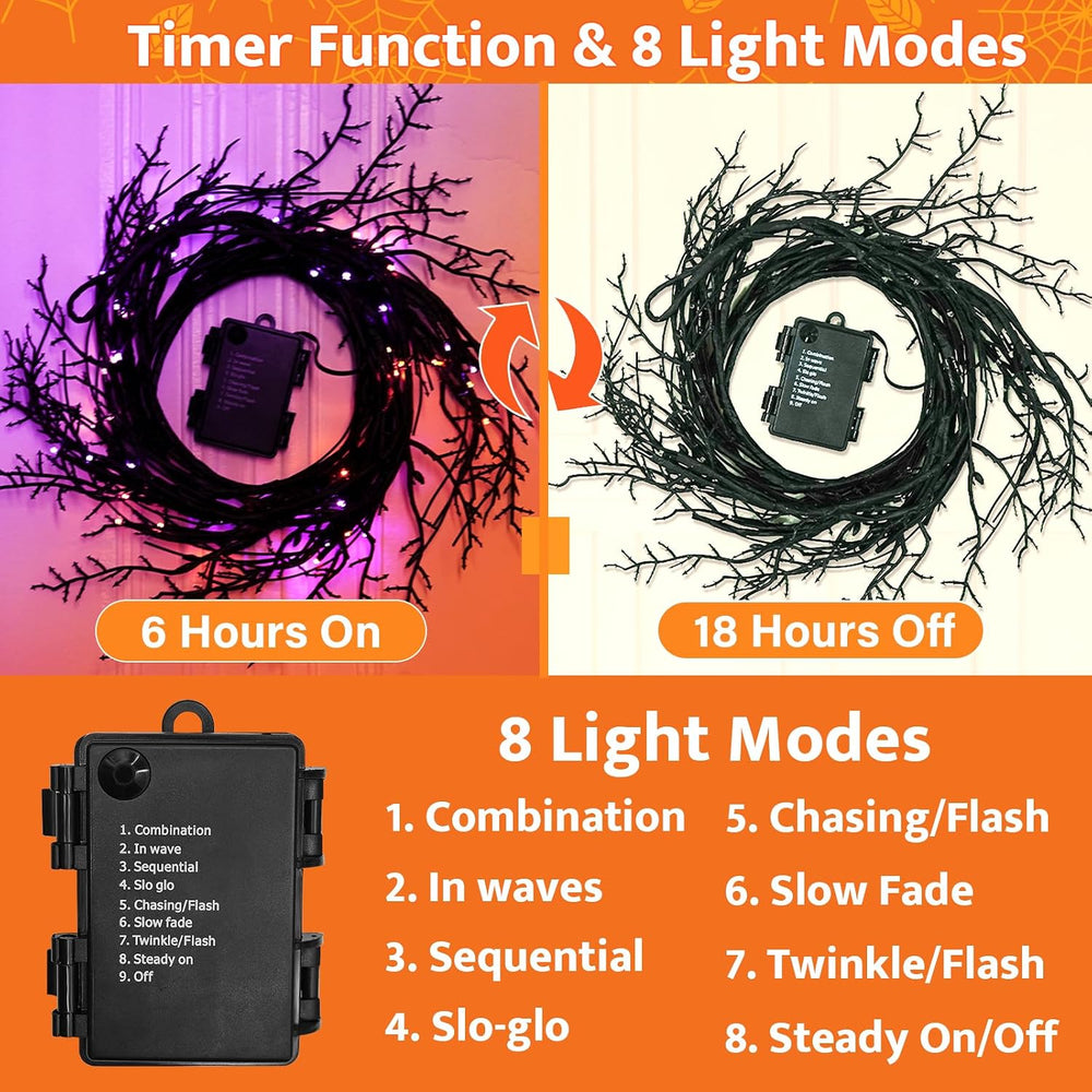 [8 Modes & Timer] 9 Ft 72 LED Halloween Willow Vine Twig Garland with Ora...