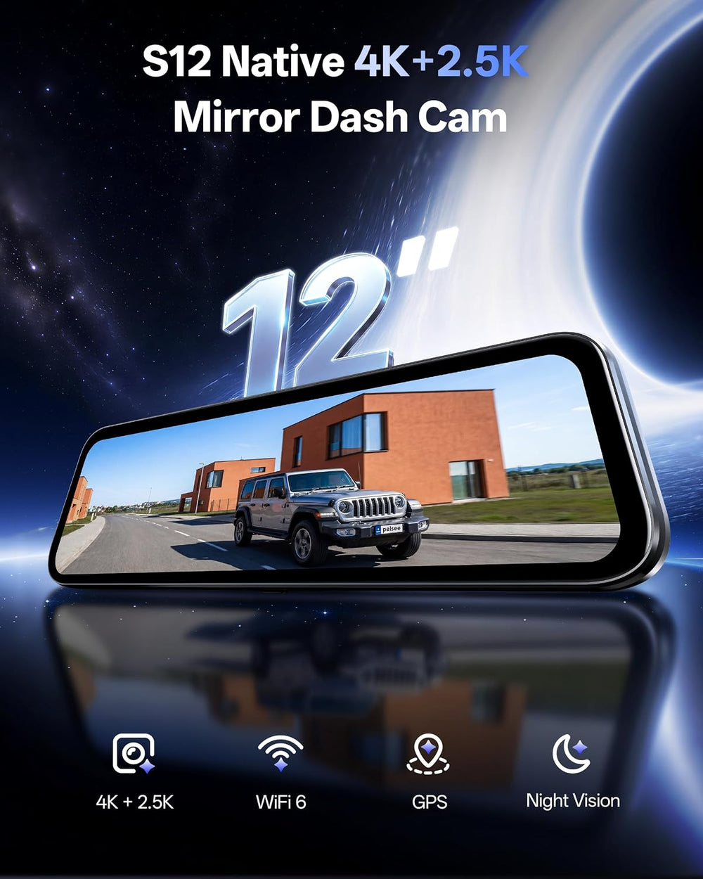 Pelsee S12 Native 4K + 2.5K Mirror Dash Cam, 64GB Card Included, GPS