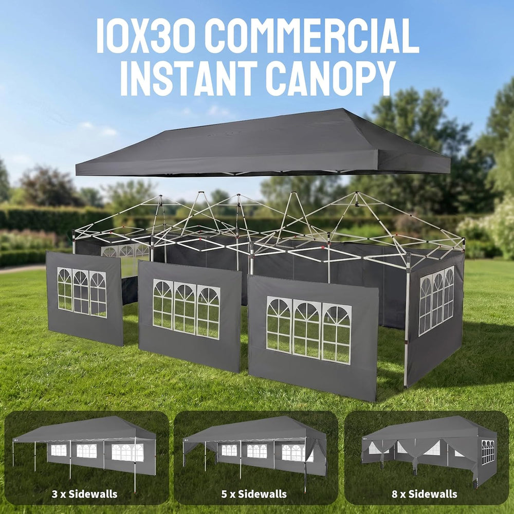 CROWN SHADES 10X30 Pop Up Canopy Tent with Sidewalls, Instant Setup, Gray