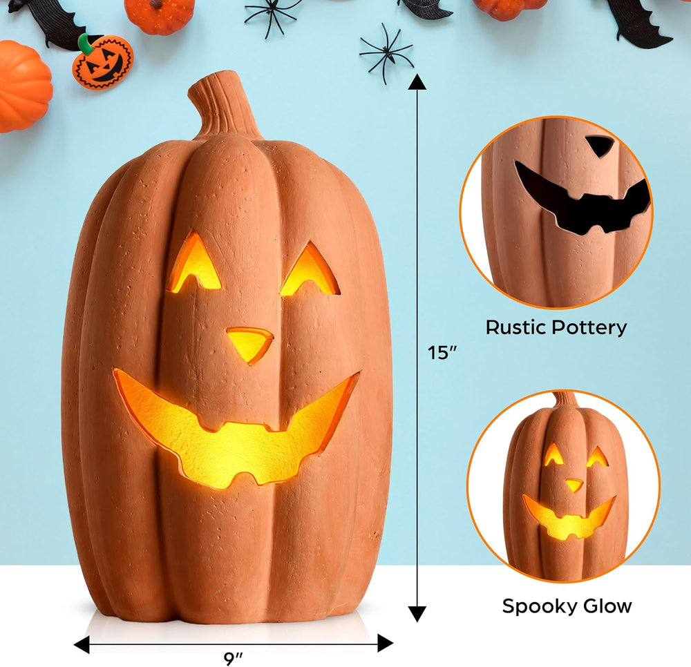 Halloween Lighted Terracotta Jack O Lantern Pumpkin 15 Inch Decor (Large)
