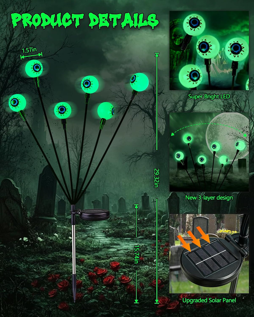Solar Halloween Decorations Outdoor 6 Pack 36 LED Green Solar Eyeball Light